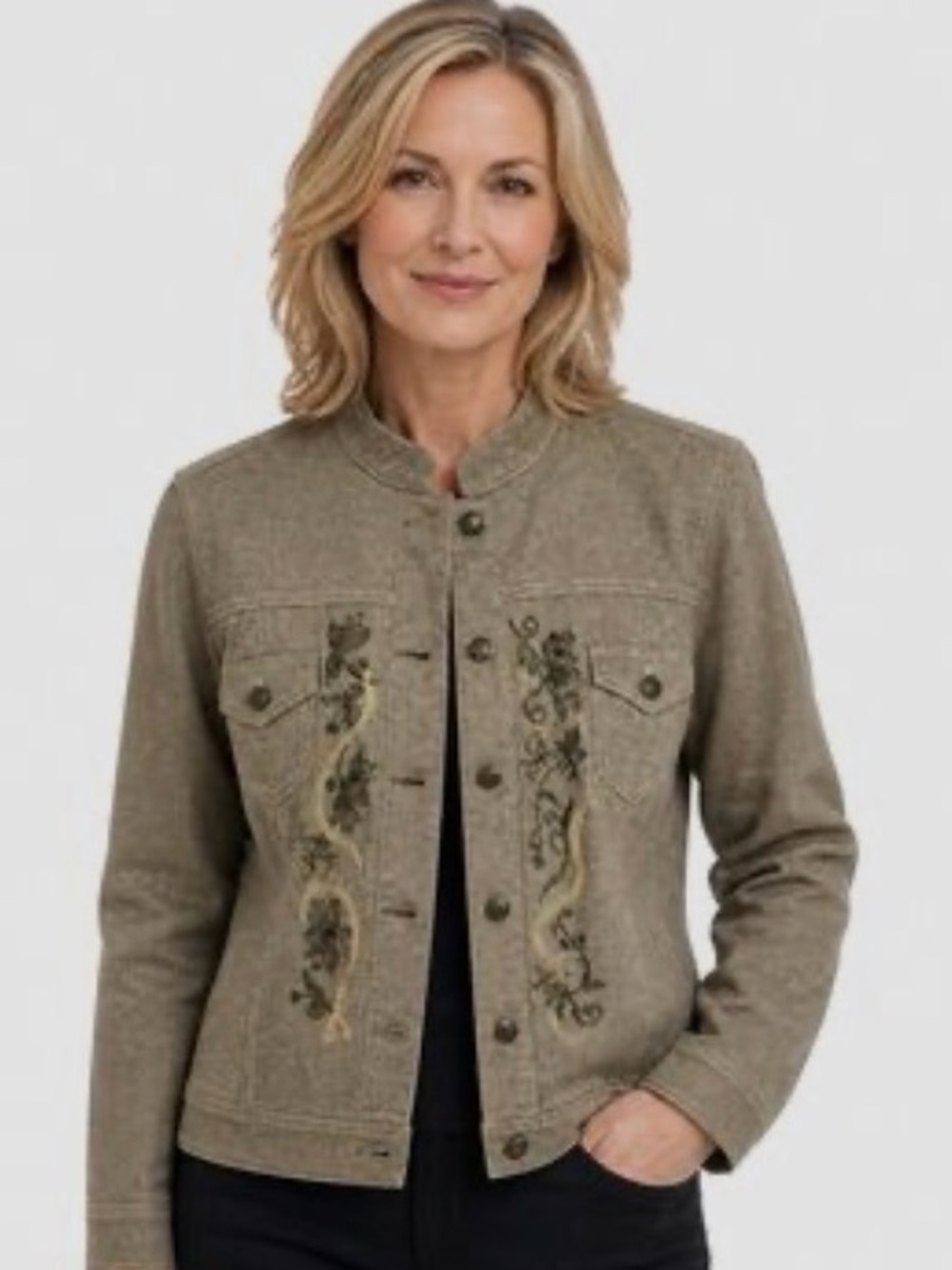 Chico's Metallic Gold-Gleam Embroidered Jean Jacket size Large